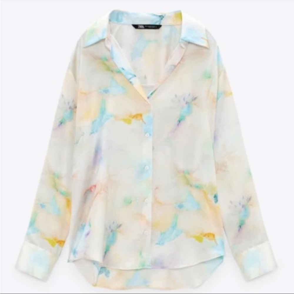 Brand New Without Tags Zara Watercolour Satin Blouse Size Small